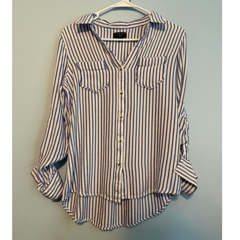 Tinsel Size Small Blue White Striped Roll Tab Sleeve Button Down Shirt 1858